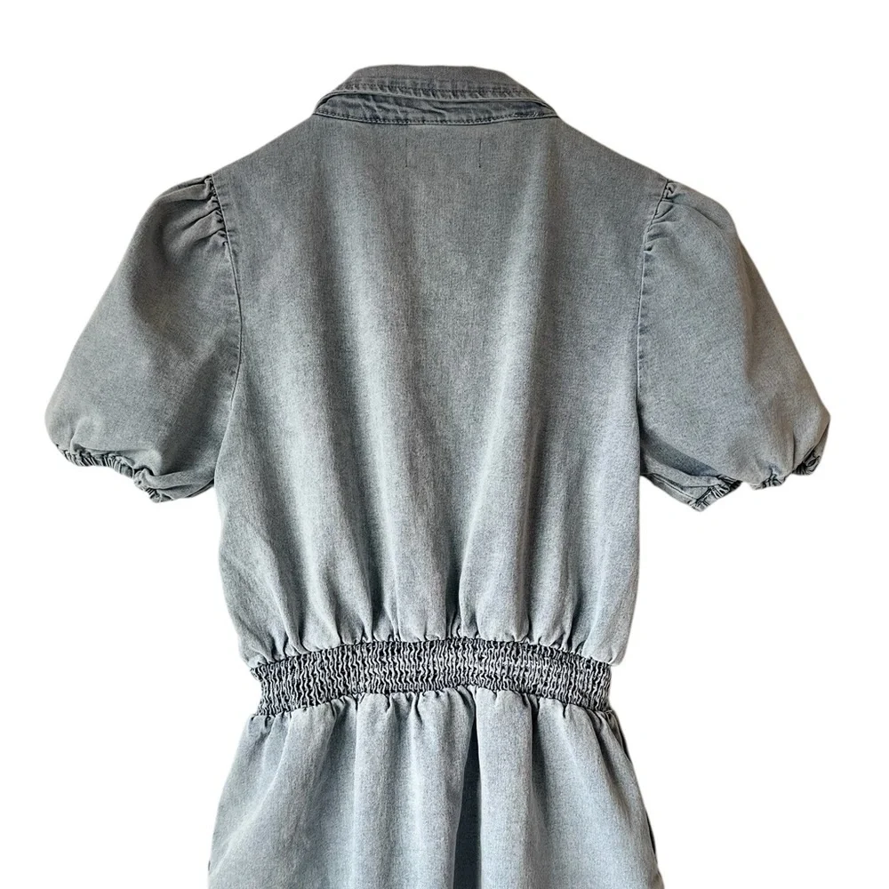 Blue Blush Cotton Blend Faux Denim Balloon Sleeve Dress - Picture 12 of 16